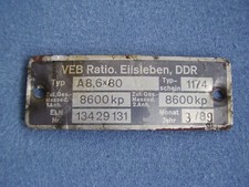 VEB Ratio Eilsleben DDR Typ A8,6 x 80 Anhänger Zuggabel Typenschild März 1989
