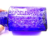 Antike Kobaltblaue Glasflasche „Sepdelen-Werk Bad Kreuznach“ Rarität um 1930