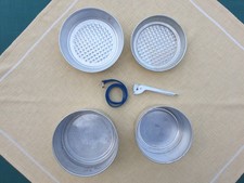 Camping Kochgeschirr, 5 teilig + Gurt, Set Retro Vintage Aluminium Töpfe Pfannen