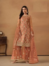 Pfirsich Netz bestickt Sharara Anzug mit Dupatta | Braut Hochzeit Festlich...
