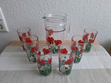 schönes Glas-Wasser- o. Saft-Set ? Blumen-Dekor, 6 Gläser + Kanne/Krug, gebr.