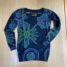 DESIGUAL Pullover Blumen Ranken Kreise blau grün Logo bestickt Baumwolle M
