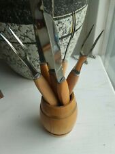 DDR Partybesteck-Holz/Metall, 3 Messer, 3 Gabeln, Holzfass, Vintage