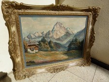 Ölgemälde Gebirgslandschaft Berge F. Behr (München ?) alt / Stuckrahmen 75x60 cm
