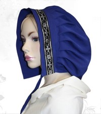 Tudorhaube Blau groß mit Borte Mittelalter Larp Haube Kopfbedeckung Theater