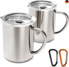 Yoassi Edelstahl Camping Becher, 2er Set Thermotasse mit Deckel und Karabiner,