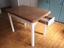RETRO TISCH KÜCHE ESSTISCH RESOPAL PLATTE & HOLZ AUSZIEHBAR MIT EINER SCHUBLADE