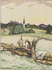 R. SIECK (1877-1957), Feld mit Pflug auf Wiese, Lithographie Romantik Landschaft