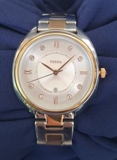 Damenuhr Fossil, Gold, Silber, Bicolor, Steinbesatz, Datumanzeige