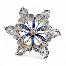 Silber Filigran Blüten Brosche emaillierte Blütenblätter antike alte Handarbeit