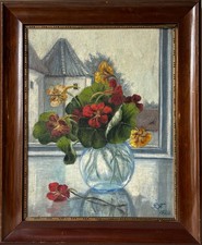 Ölbild Stillleben 1920 Blumen am Fenster P.F. Monogramm mit Bilderrahmen Holz