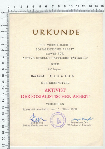 Ddr ehren urkunde aktivist - ddr,