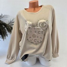 Damen Pullover Sweatshirt One Size 38-44 Mauskopf Strass in Gold Farbe Beige