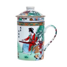 Keramik Teetasse mit Deckel + Sieb für Losen Tee mit Asiatischem Motiv, Tasse