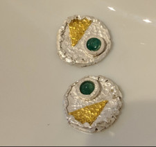 Ohrstecker mit Smaragd und Diamant  Silber 999  und Gold 750 Flamere Design