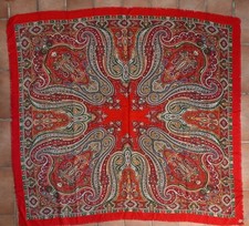Vintage Umschlag- Tuch groß rot gefranst Paisley Folklore 100% Wolle 136× 140cm
