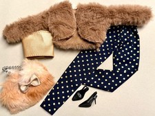 Barbie Kleidung Fashion Kuschelige Jacke,Hose mit Gold  Punkten,Top, Tasche