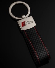 Original Audi S line Schlüsselanhänger Carbon Look Leder Schwarz Rot Naht Neu