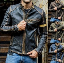 🔥Herren Vintage Biker Schwarz Motorrad Distressed Cafe Racer Lederjacke DE