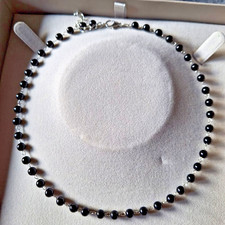 Schwarz Perlen Kette Edelstahl silbrig Collier Black Beads Strand Surfer Urlaub