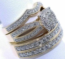 14K Gelb Vergoldeter Simulierter Diamant Verlobungs Braut Hochzeit Trio Ring Set