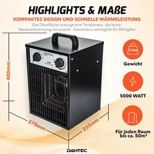 DAHTEC 5000W 400V Elektrischer Heizlüfter 2 Heizstufen - H5.521 Schwarz 5KW