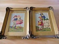 Zwei antike Stickbilder; Gobelinstickerei; zwei Kinder, Originalrahmung