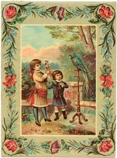 Oblaten scrap die cut chromo XL  Litho Bild Mädchen Papagei Blumenrand 25,8 cm