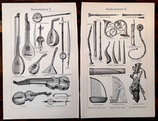 Alte Lithographie, Musikinstrumente, ca.1920,Balalaika, Harfe, Oboe, Laute,Viola