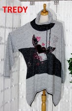 TREDY Designer LANG Pullover  44 46 48 + grau rot pink  Pailletten Nieten Perlen
