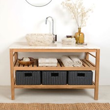 Teakholz Waschtisch 120 cm inkl. 3 Körbe mit Marmor Platte Bad wohnfreuden