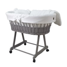 Stubenwagen Moseskorb AMELIA Grau aus Weide mit Musselin Bettwäsche Weiß