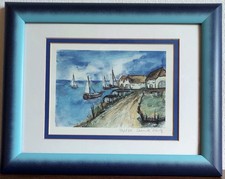 Maritimes Bild Im Blauen Rahmen Serigraphie Nummeriert Signiert Segelboote Meer