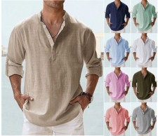 Herren Leinen-Optik Hemd Tops Freizeit Knopf T-Shirt Bluse Langarm Oberteile DE