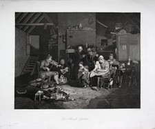 1850 - Geige Geiger Musik blinder Spieler blind Bauernstube engraving Stahlstich