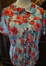 Hell Bunny Bluse Mint mit Rosendruck Rockabilly Vintage 2XL neu und ungetragen