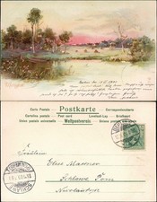 Künstlerkarte idyllische Landschaft der Stadt 1900  gel Stempel Schlawe Pommern