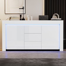 Hochglanz Sideboard Kommode mit 3 Schubladen, LED Beleuchtung App Control, Weiß