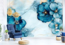 Fototapete Blumen Marmor Gold Blau Wohnzimmer Schlafzimmer VLIES TAPETE XXL 148