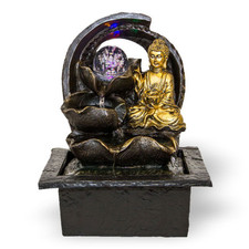 Zimmerbrunnen mit Buddha Gyan und LED Beleuchtung, Feng Shui Dekobrunnen für die
