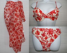 Bikini Set Slip Oberteil und Pareo 3 Teile rot weiß orange S M L