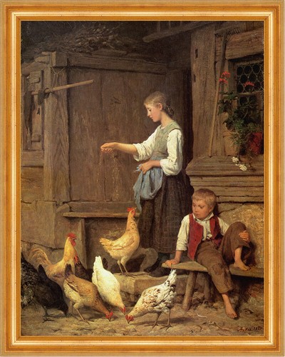 Mädchen die hühner fütternd - die,