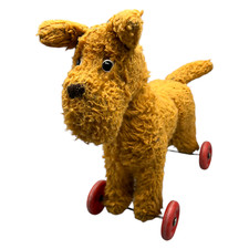 Hund Ziehtier Vorkriegszeit Plüsch Stofftier auf Rollen Gestell 32cm Braun Retro