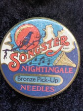 Vintage runde Blechdose Songster Nightingale Nadeldose Grammophone Bronze Pick-U