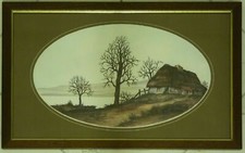 Flusslandschaft 2 Scheune rechts Bauernhaus Baum Kunstdruck Holz Glas gerahmt