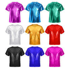 DE Kinder Glänzende Metallic Shirt Mädchen Jungen Glitzer T-Shirt Top Loose Fit 