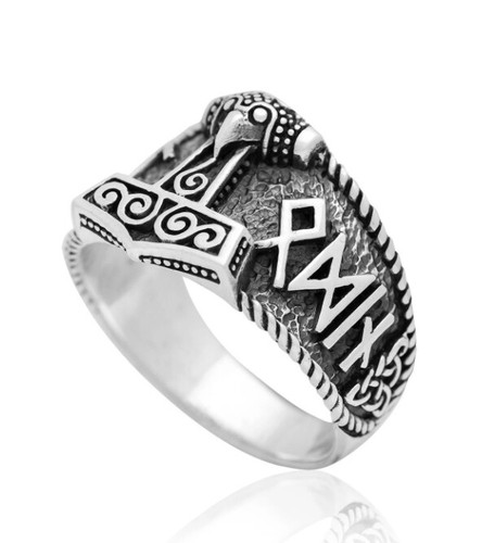 Thorshammer silver ring runes - ring,