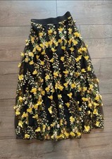 H&M Premium bestickter Tüllrock Midirock Gr S/36 floral Blumen Gold Gelb Schwarz
