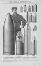 Geschosse Granaten Schrapnell HOLZSTICH um 1900 Stahlpanzergranate Panzergranate