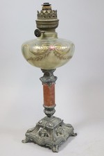 Jugendstil Petroleumlampe Glas bemalt mit Metallfuß Ende 19.Jhd (GV437)